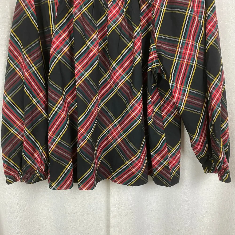 J.Crew Black&Red Holiday Plaid Puff Sleeve Blouse Sz.L NWT
